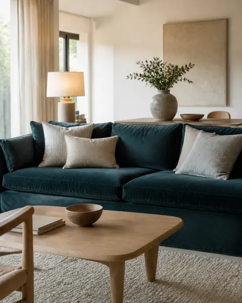 Salon lumineux avec un canapé en velours bleu canard, des coussins en lin, une table basse en bois clair et un tapis de laine écru