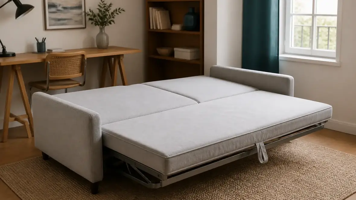 Banquette clic-clac grise à demi dépliée dans un petit bureau, dossier basculé à plat, à côté d’une table de travail