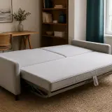 Banquette clic-clac grise à demi dépliée dans un petit bureau, dossier basculé à plat, à côté d’une table de travail