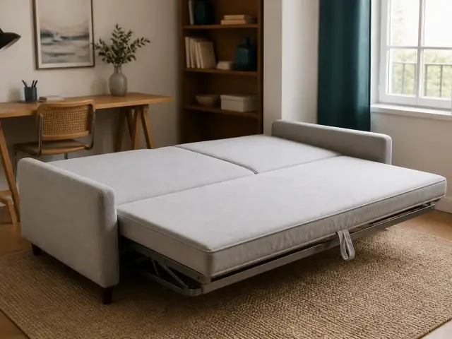 Banquette clic-clac grise à demi dépliée dans un petit bureau, dossier basculé à plat, à côté d’une table de travail
