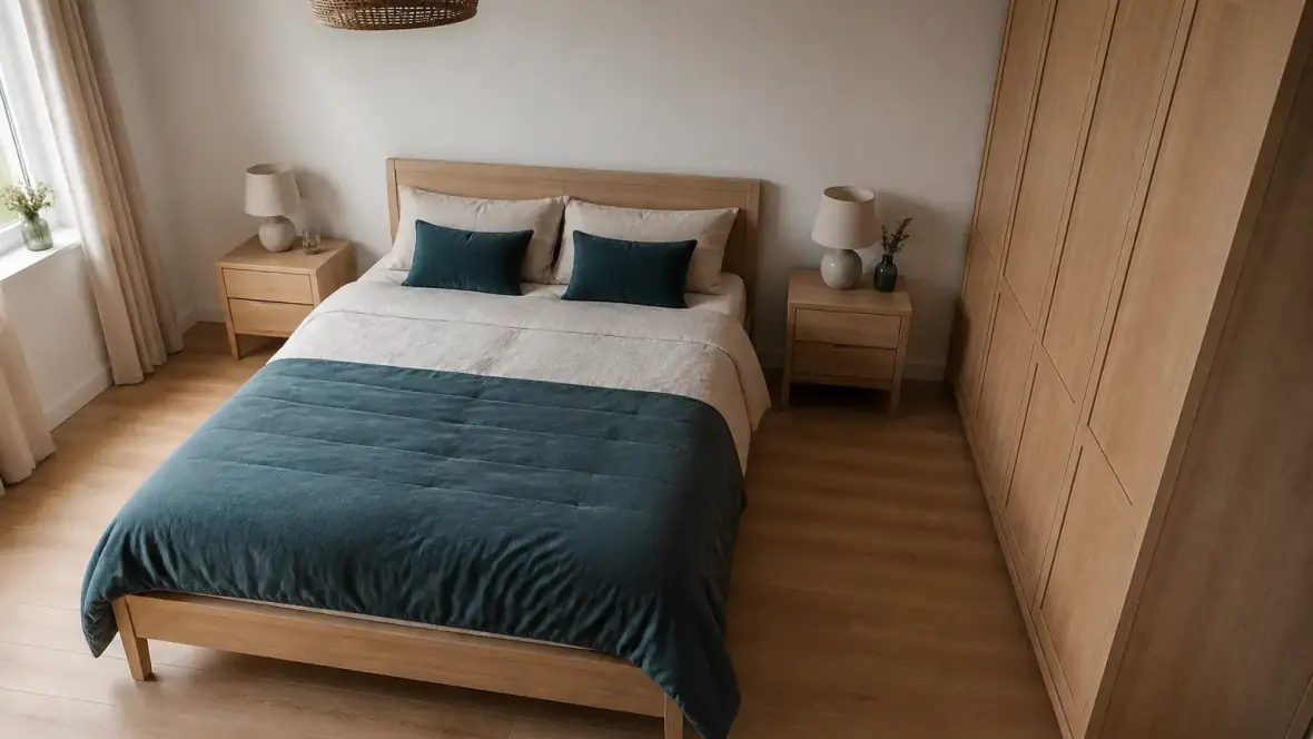Chambre vue d’en haut avec un lit double au centre, deux chevets et des passages dégagés de chaque côté et au pied du lit