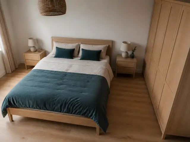 Chambre vue d’en haut avec un lit double au centre, deux chevets et des passages dégagés de chaque côté et au pied du lit
