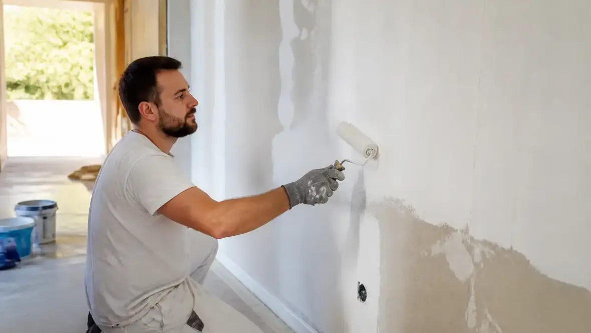 Homme peignant un mur blanc avec un rouleau, travaux de peinture par Aquitaine Travaux Rénovation