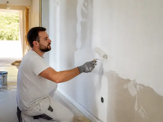 Homme peignant un mur blanc avec un rouleau, travaux de peinture par Aquitaine Travaux Rénovation