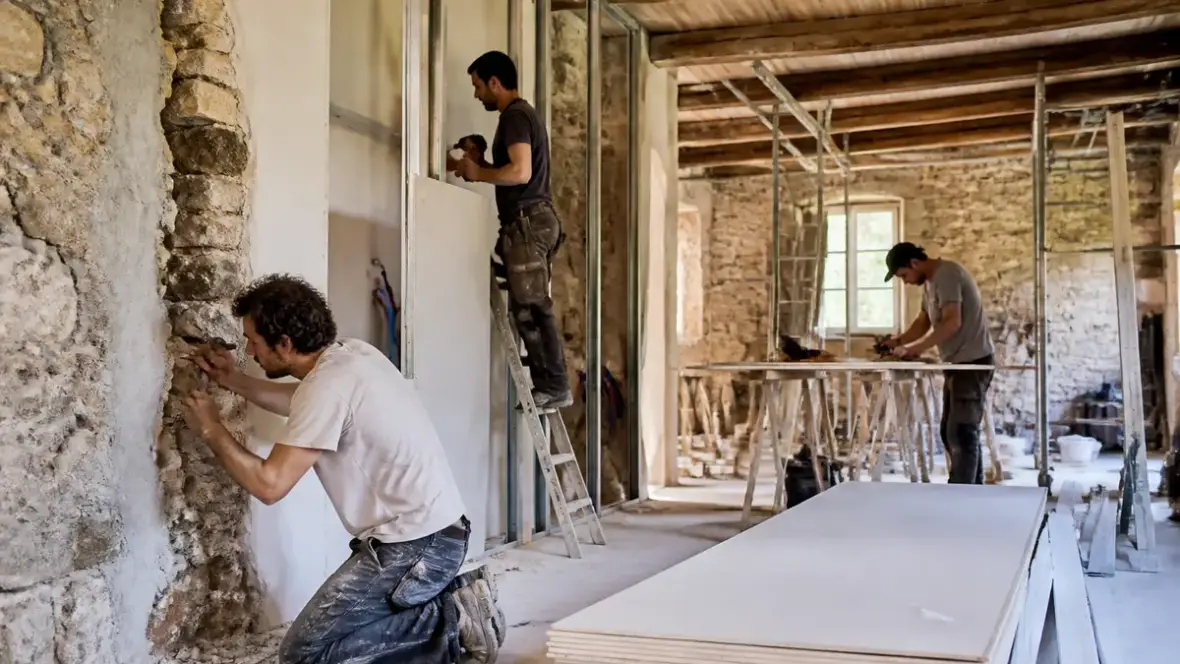 Travailleurs rénovant un mur en pierre, exemple des prestations de rénovation aquitainetravauxrenovation.fr