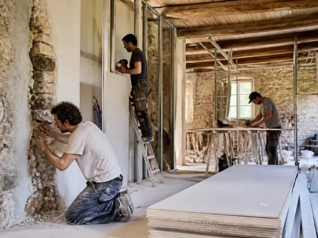 Travailleurs rénovant un mur en pierre, exemple des prestations de rénovation aquitainetravauxrenovation.fr
