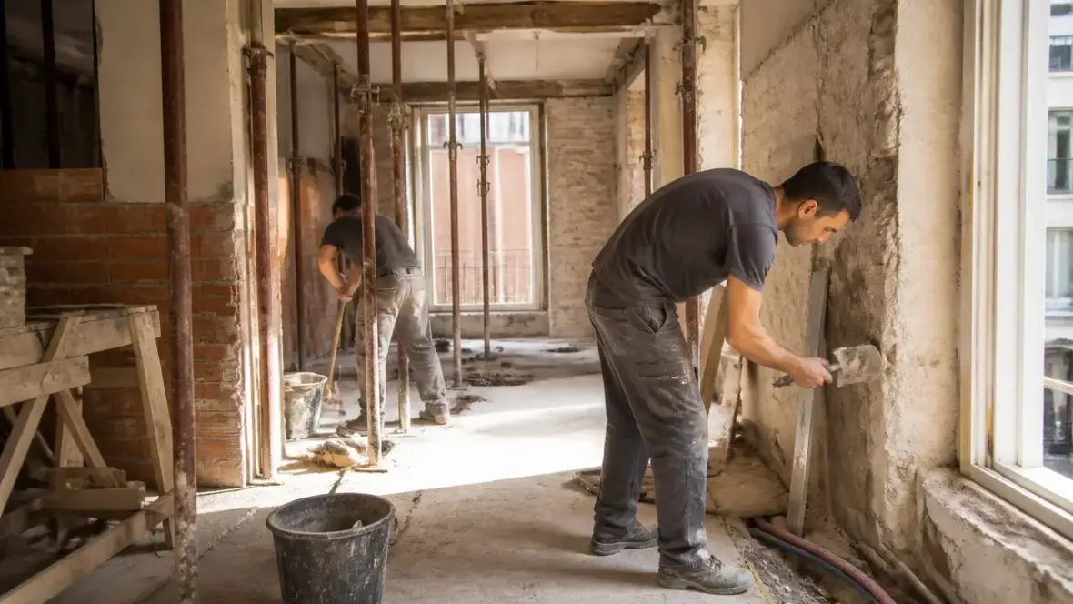 Travailleurs rénovant un appartement à Toulouse avec aquitainetravauxrenovation.fr pour la rénovation.