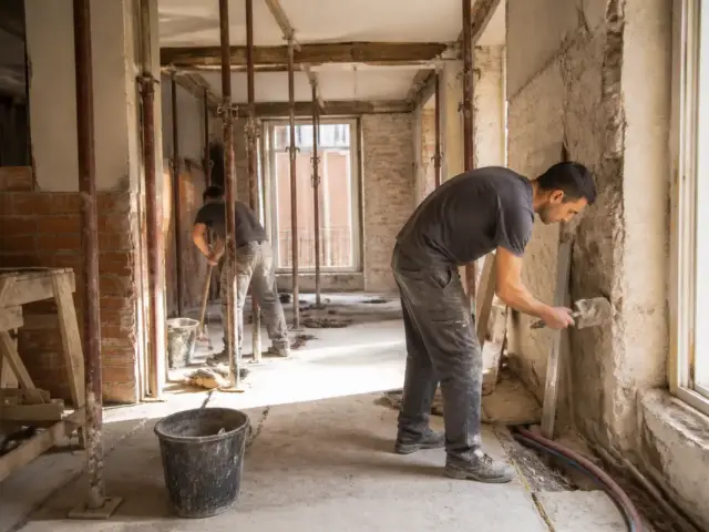 Travailleurs rénovant un appartement à Toulouse avec aquitainetravauxrenovation.fr pour la rénovation.