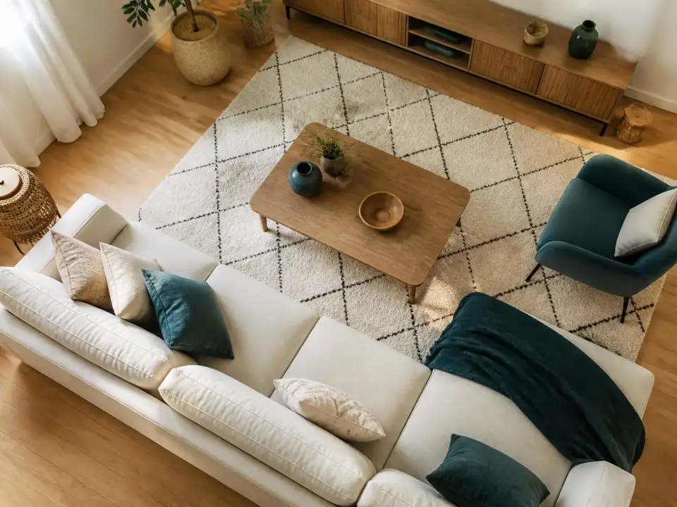Salon vu d’en haut avec un canapé, une table basse et un tapis, des passages dégagés autour