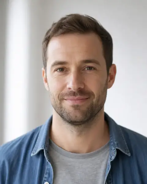 Portrait d’Aymeric Lebreton, cheveux châtains courts, chemise en jean, fond clair
