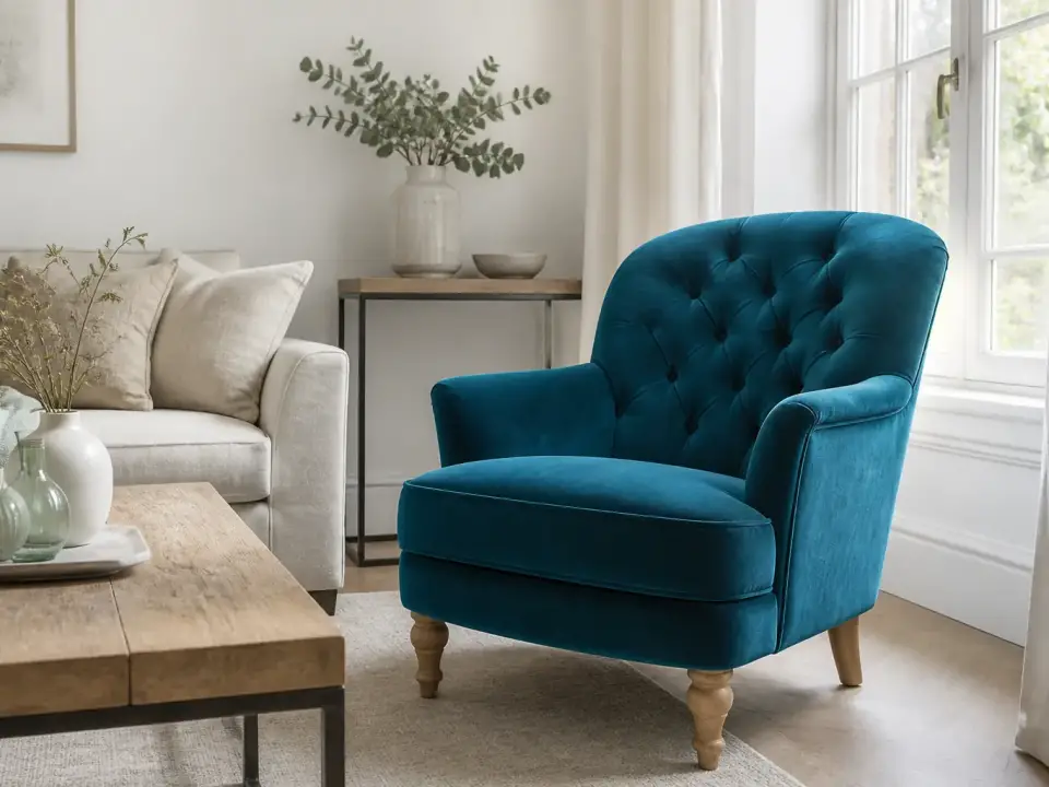 Fauteuil capitonné en velours bleu canard près d’une fenêtre, dans un salon clair