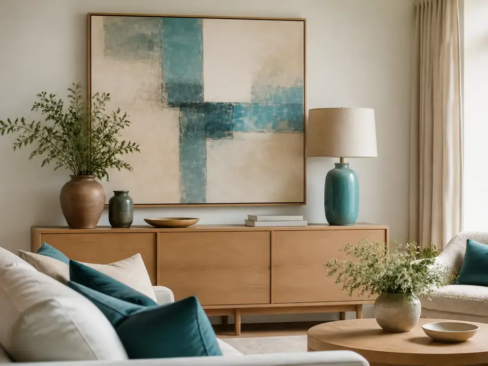 Mur clair avec un grand tableau abstrait au-dessus d’un buffet bas et une lampe à poser