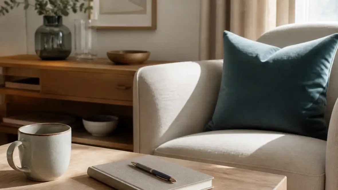 Table en bois avec un carnet, un stylo et une tasse, près d’un fauteuil en lin