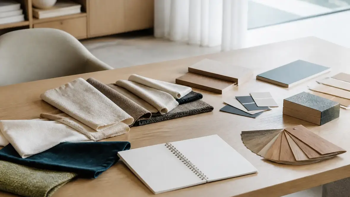 Bureau clair avec des échantillons de tissus, un nuancier de bois et un carnet ouvert
