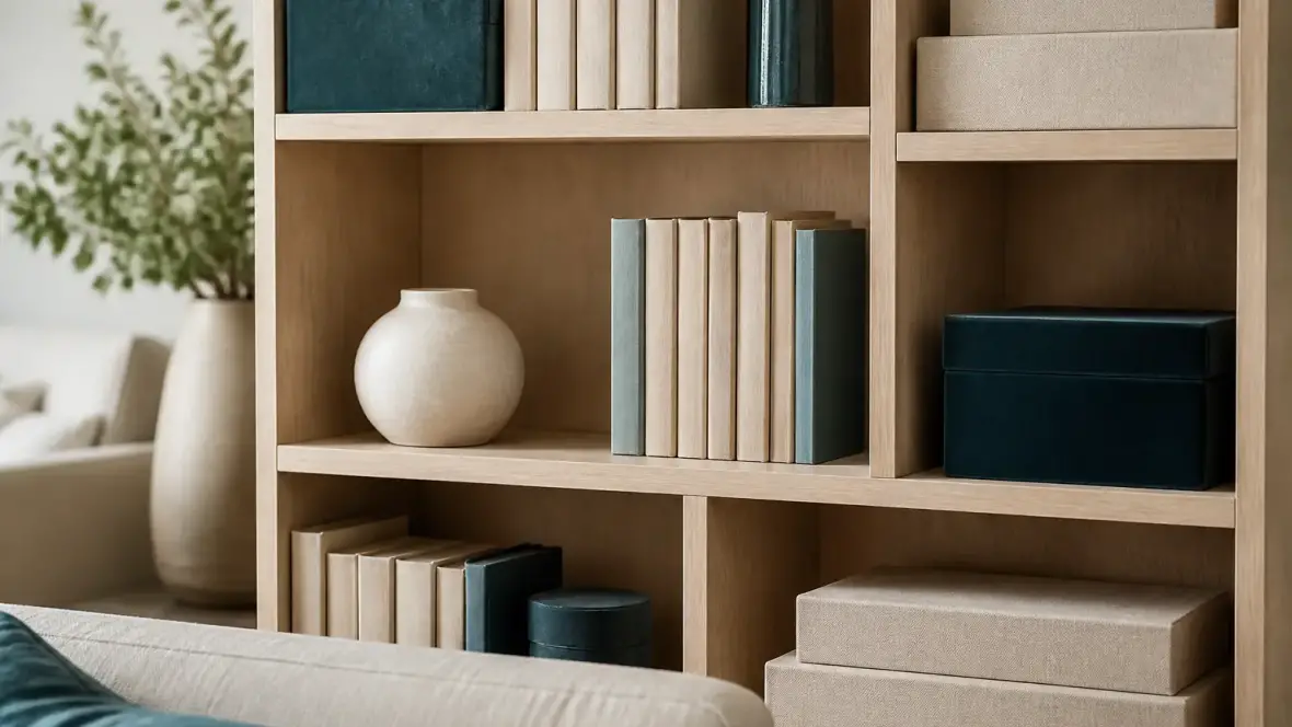 Rayonnage de bibliothèque en bois clair avec des livres et des boîtes en lin