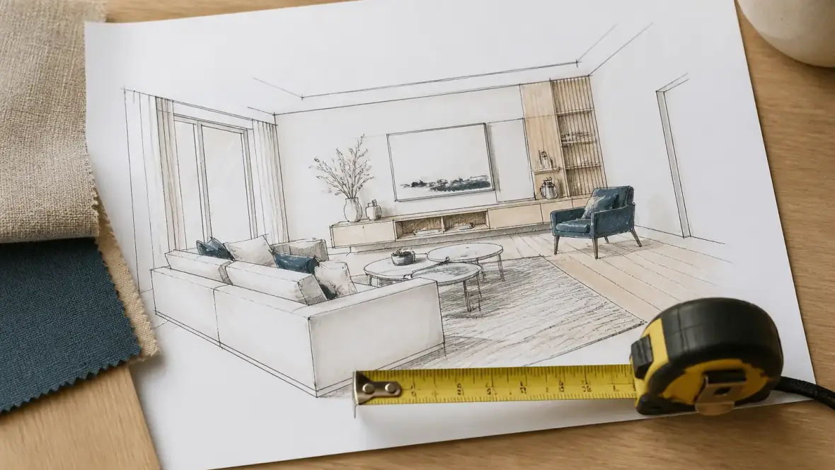 Plan d’aménagement d’un salon dessiné à la main, avec un mètre ruban posé dessus