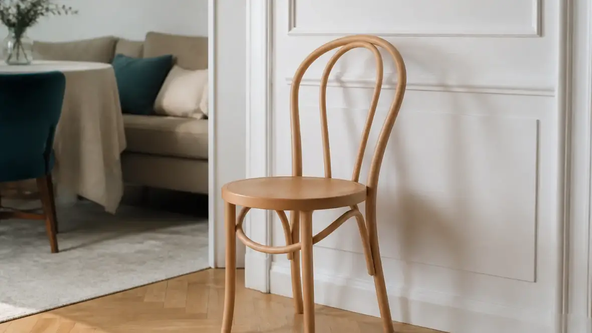 Chaise en bois de hêtre courbé à dossier arrondi, bois clair rosé au grain fin, posée sur un parquet