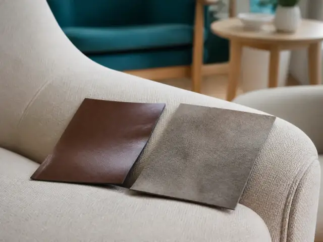 Deux échantillons de cuir côte à côte sur un accoudoir, l’un lisse et brillant, l’autre mat au toucher velouté