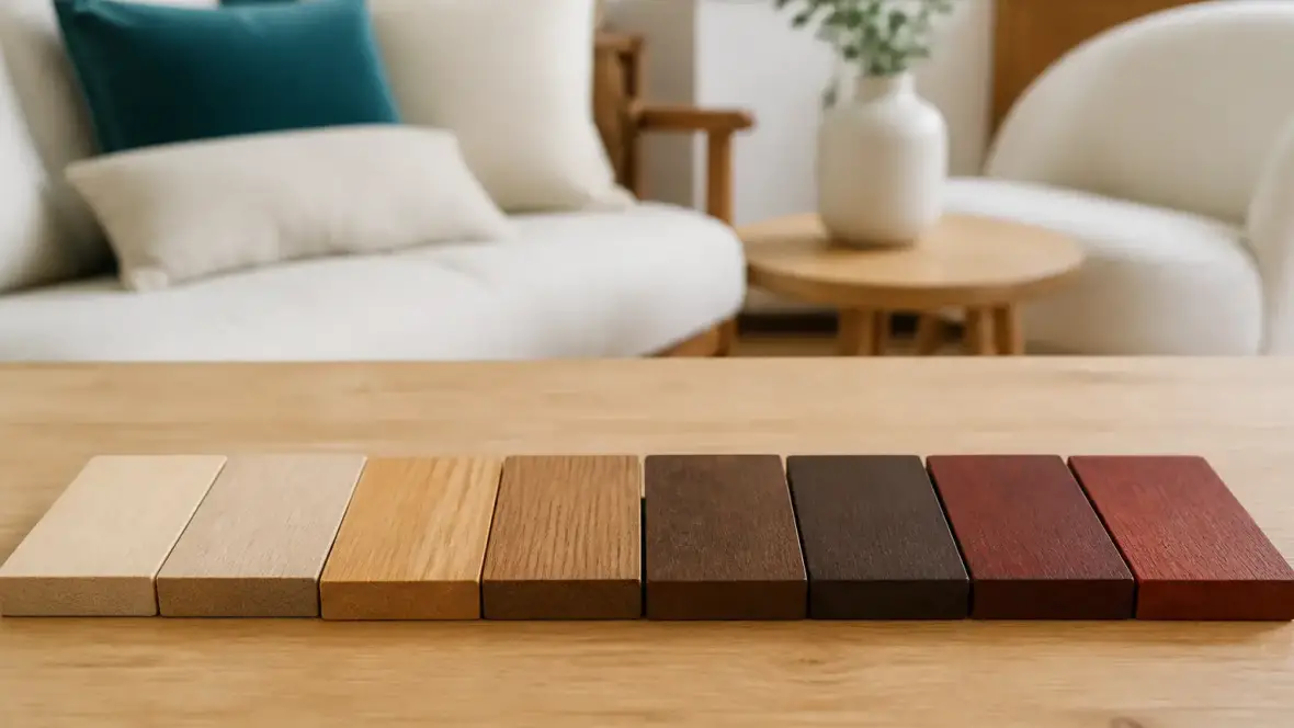 Rangée d’échantillons de bois du mobilier, du hêtre clair au noyer brun et à l’acajou rouge, posés côte à côte