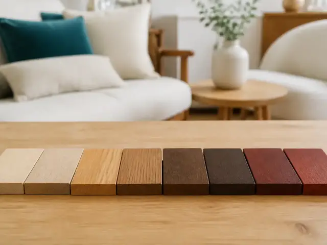 Rangée d’échantillons de bois du mobilier, du hêtre clair au noyer brun et à l’acajou rouge, posés côte à côte