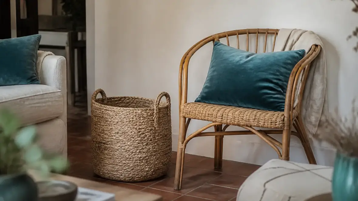 Panier en osier clair à côté d’un fauteuil en rotin aux tiges cintrées, sur un sol en terre cuite