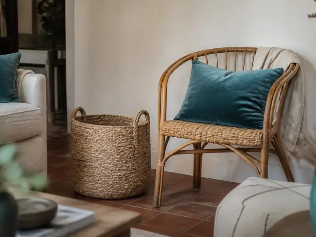 Panier en osier clair à côté d’un fauteuil en rotin aux tiges cintrées, sur un sol en terre cuite