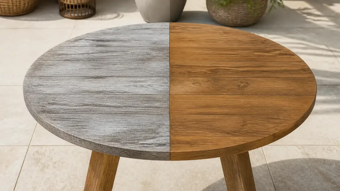 Plateau de table en teck à moitié patiné gris argent, l’autre moitié huilée d’un brun doré