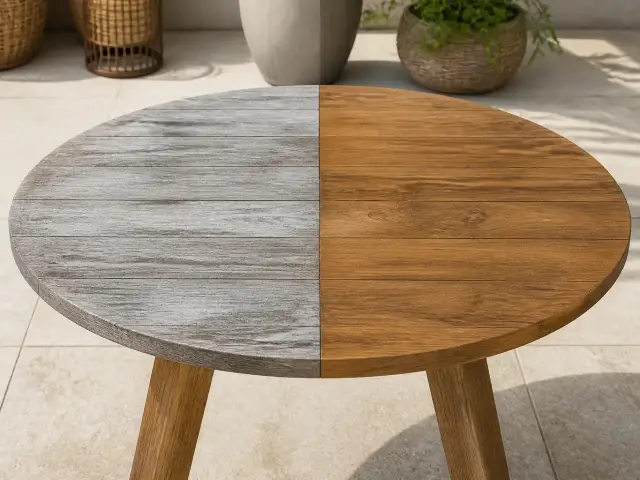 Plateau de table en teck à moitié patiné gris argent, l’autre moitié huilée d’un brun doré