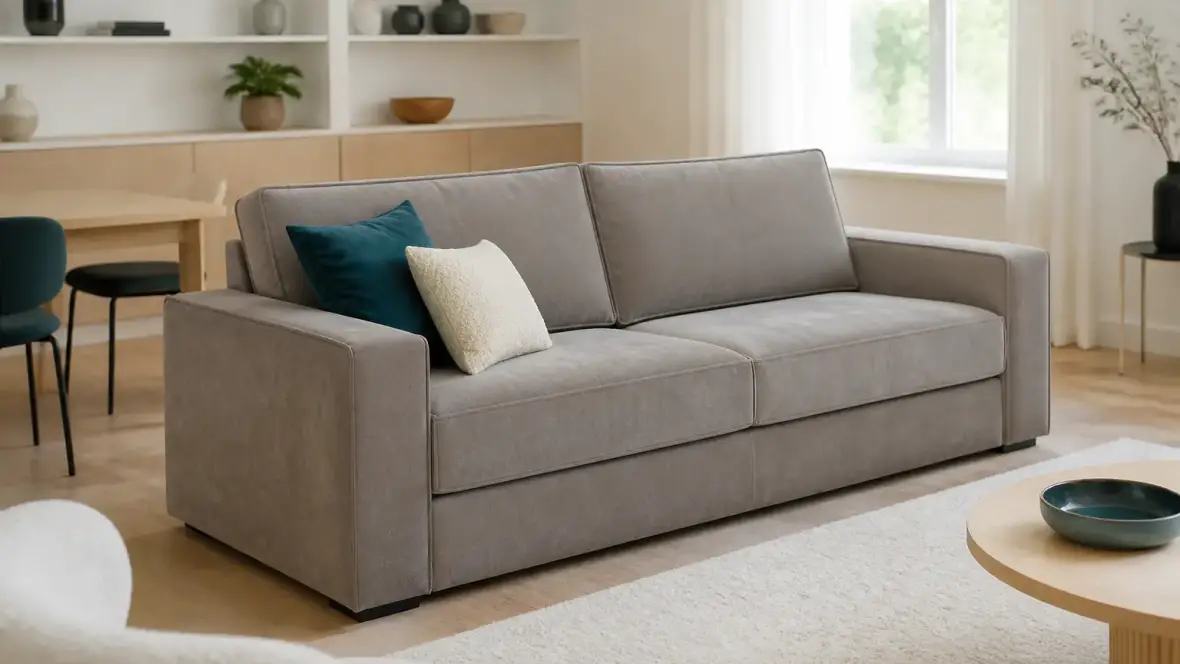 Canapé trois places recouvert de microfibre gris taupe, surface mate et douce, dans un salon clair