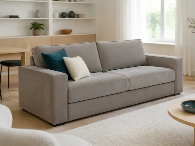 Canapé trois places recouvert de microfibre gris taupe, surface mate et douce, dans un salon clair