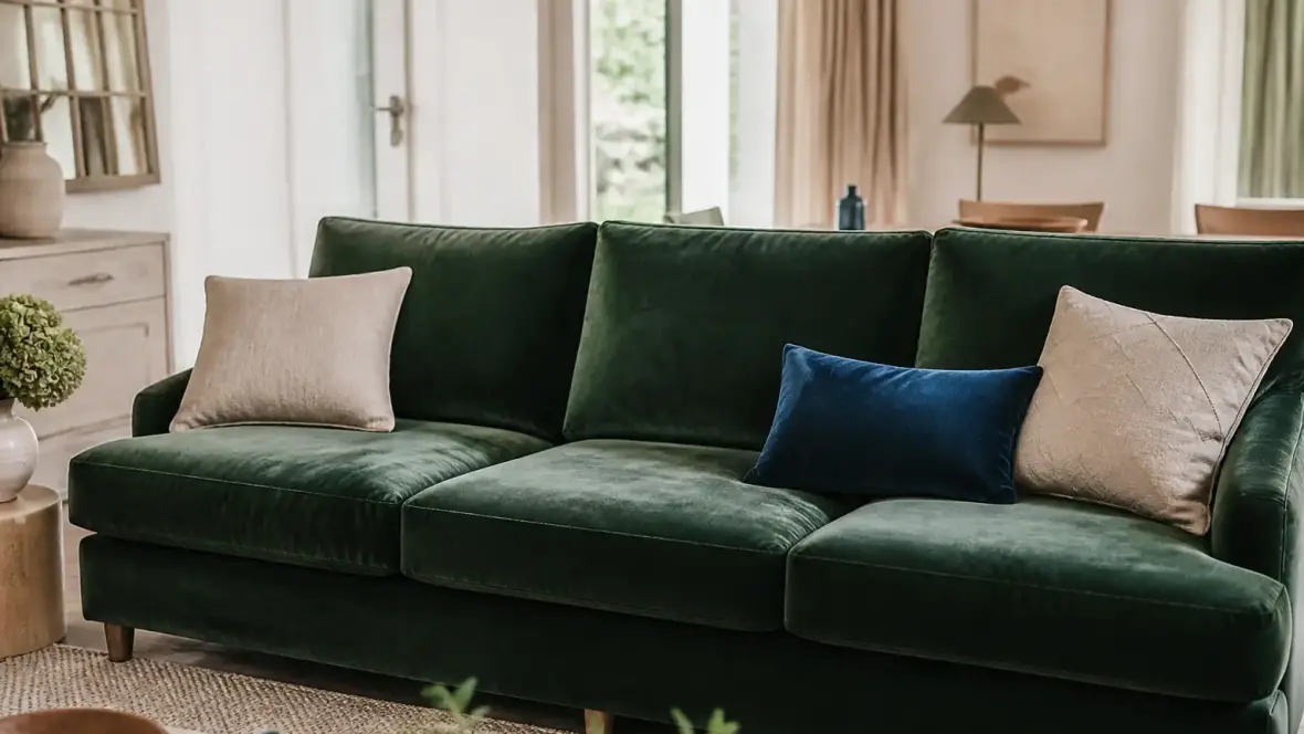 Canapé trois places recouvert de velours vert sapin, poil couché qui forme des reflets plus clairs sur l’assise