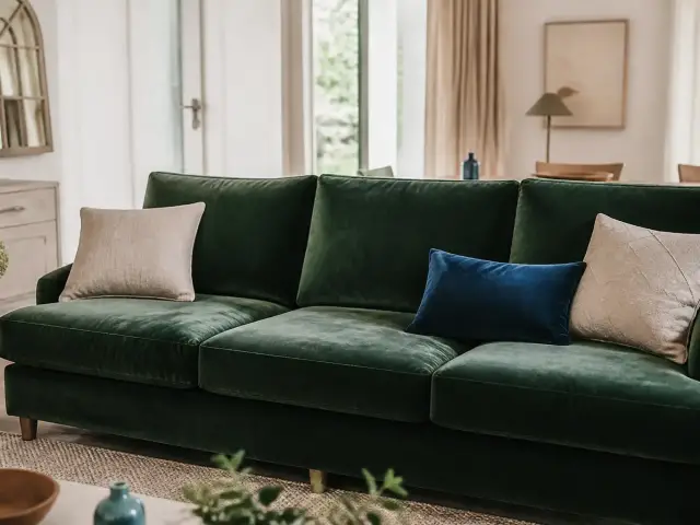 Canapé trois places recouvert de velours vert sapin, poil couché qui forme des reflets plus clairs sur l’assise