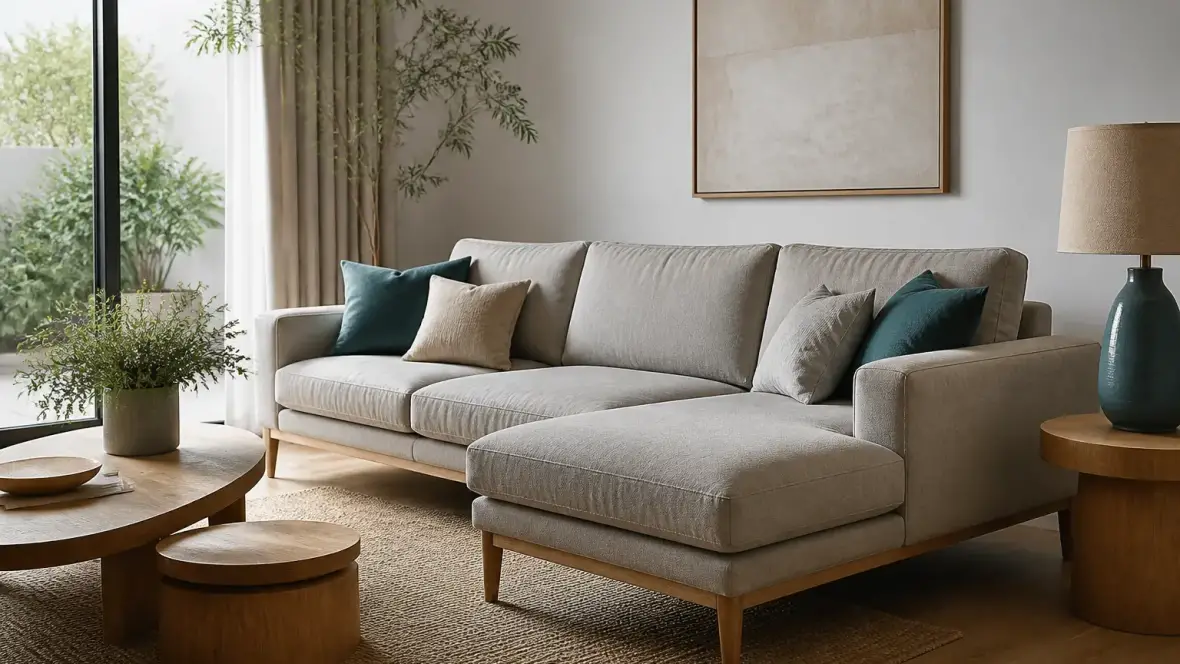 Canapé d’angle en tissu gris clair prolongé par une méridienne, assise allongée devant une table basse ronde, dans un salon lumineux
