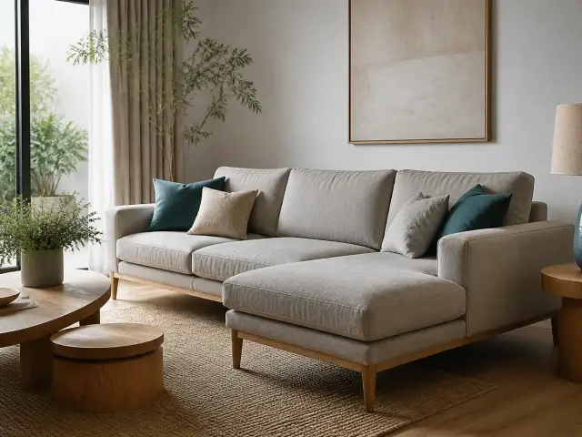 Canapé d’angle en tissu gris clair prolongé par une méridienne, assise allongée devant une table basse ronde, dans un salon lumineux
