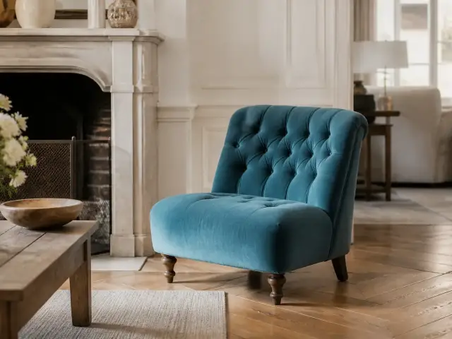 Chauffeuse basse capitonnée sans accoudoirs, recouverte de tissu bleu, posée près d’une cheminée en pierre