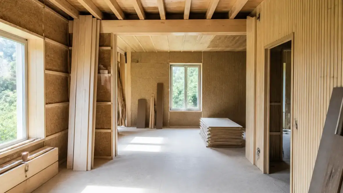 Intérieur en bois lumineux en cours de rénovation par Comptoir-du-BTP pour un espace moderne