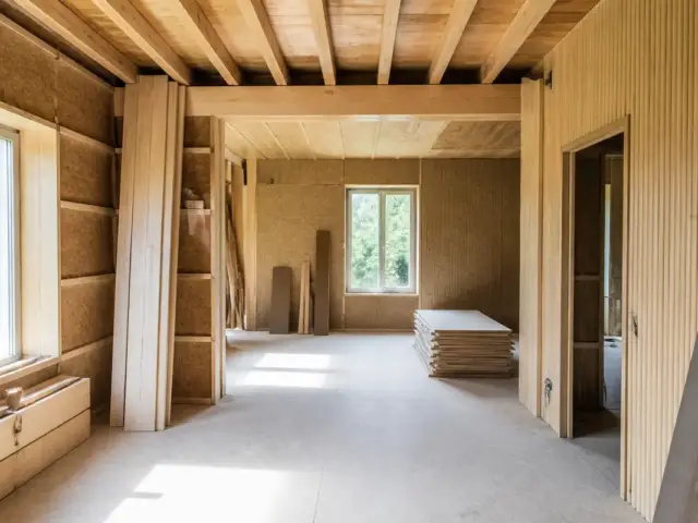 Intérieur en bois lumineux en cours de rénovation par Comptoir-du-BTP pour un espace moderne