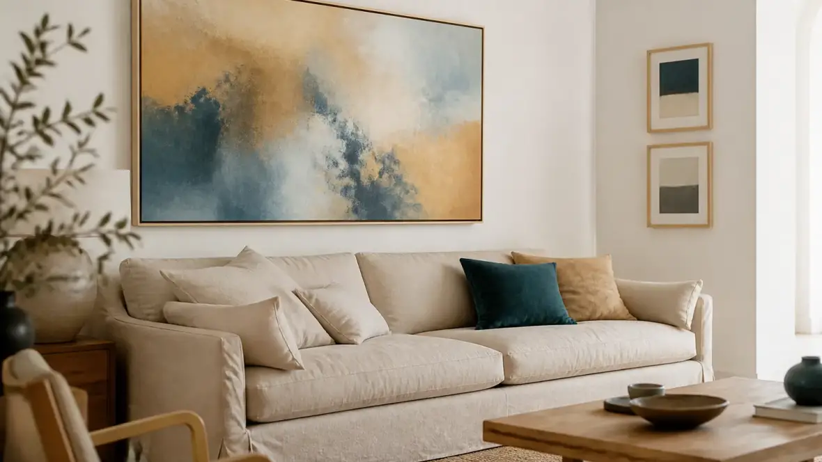 Salon clair avec un tableau abstrait au format paysage accroché au-dessus d’un canapé en lin, deux petits cadres à côté