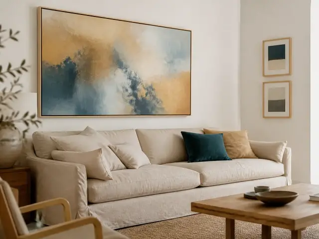 Salon clair avec un tableau abstrait au format paysage accroché au-dessus d’un canapé en lin, deux petits cadres à côté