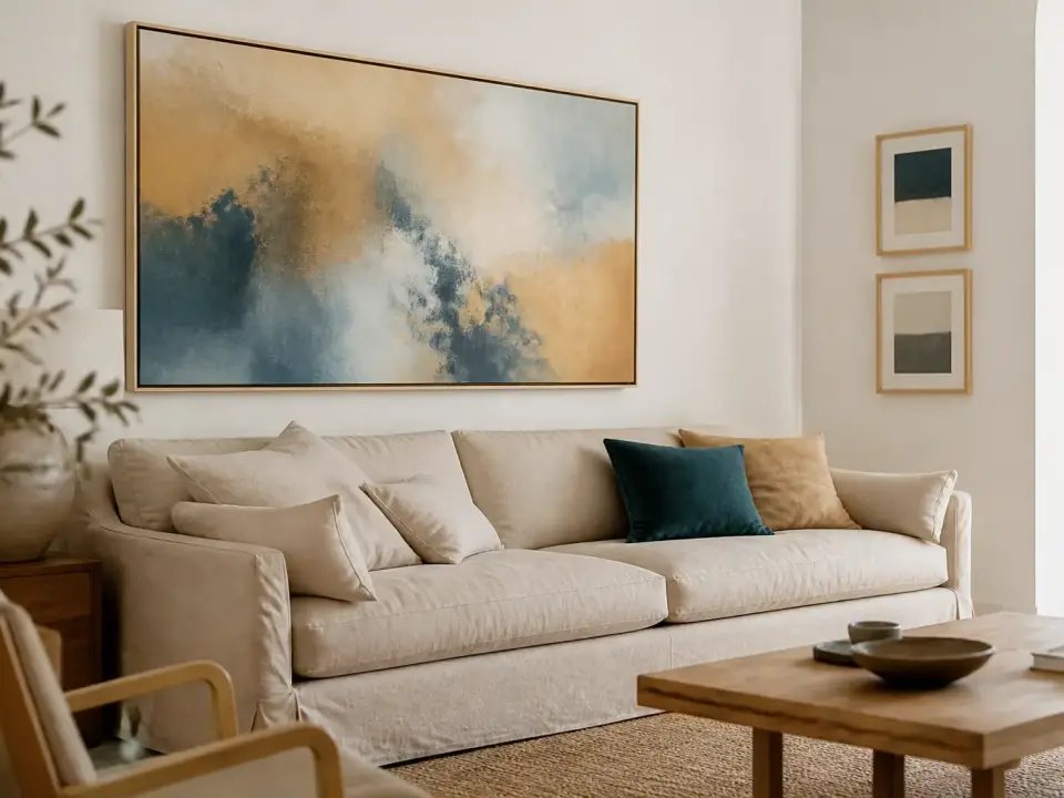 Salon clair avec un tableau abstrait au format paysage accroché au-dessus d’un canapé en lin, deux petits cadres à côté