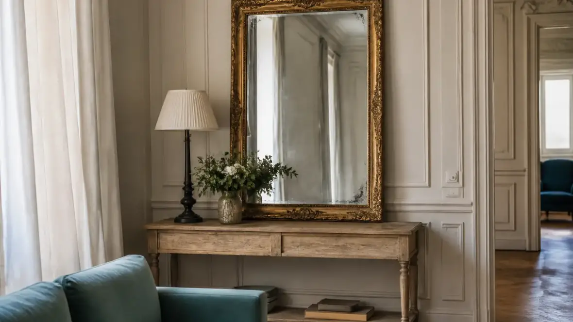 Miroir ancien à cadre de bois doré sculpté, glace marquée de piqûres grises sur les bords, accroché au-dessus d’une console