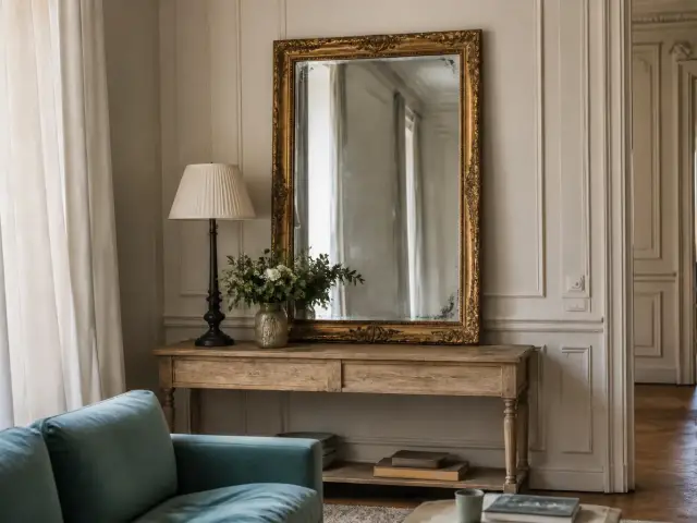 Miroir ancien à cadre de bois doré sculpté, glace marquée de piqûres grises sur les bords, accroché au-dessus d’une console