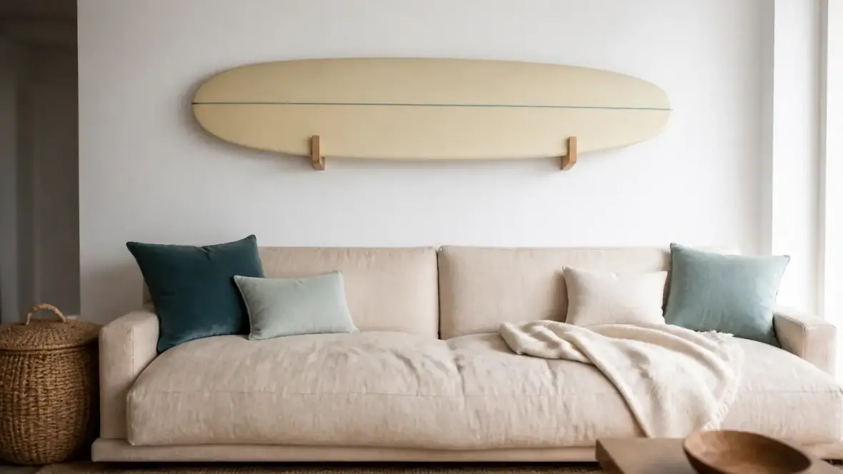 Planche de surf longue et claire accrochée à l’horizontale sur deux supports en bois au-dessus d’un canapé en lin