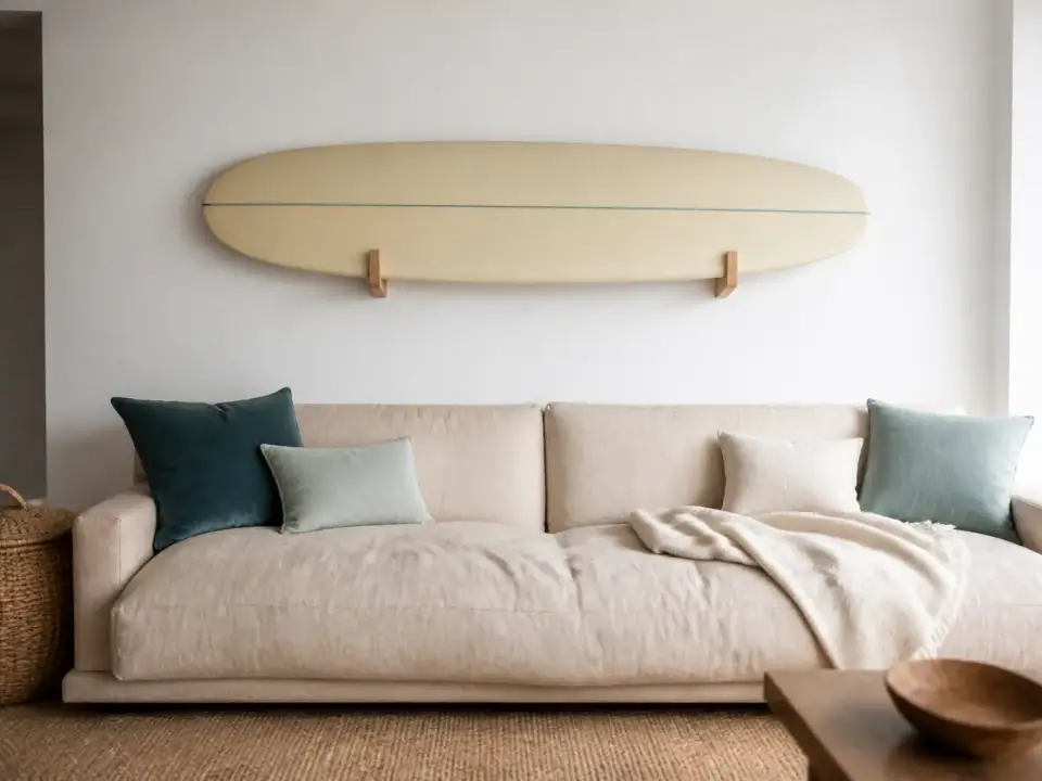 Planche de surf longue et claire accrochée à l’horizontale sur deux supports en bois au-dessus d’un canapé en lin