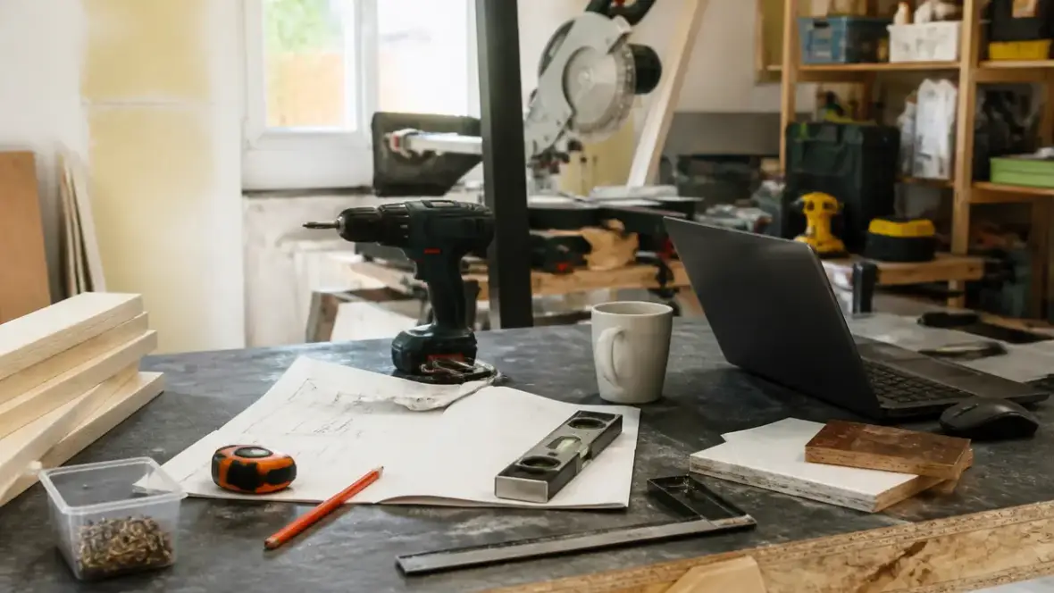Bureau de bricolage avec outils, laptop et devis expertdubricolage.fr pour rénovation bois.