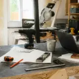 Bureau de bricolage avec outils, laptop et devis expertdubricolage.fr pour rénovation bois.