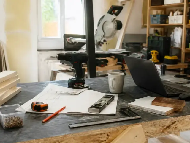 Bureau de bricolage avec outils, laptop et devis expertdubricolage.fr pour rénovation bois.