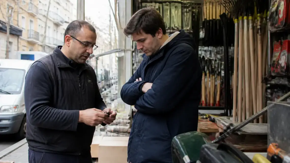 Deux hommes discutant d'outils dans un magasin de bricolage à Paris expertdubricolage.fr