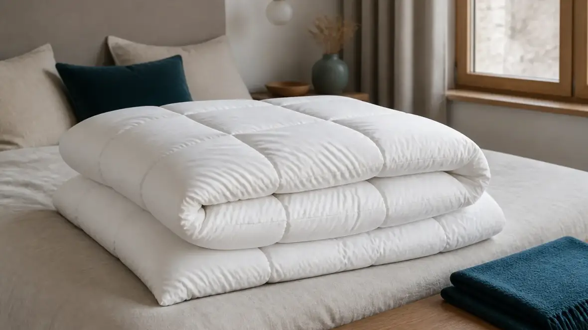 Couette blanche épaisse et gonflante posée sur un lit, piquage en compartiments visible sur le dessus
