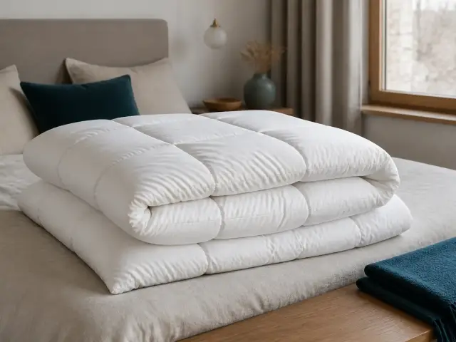 Couette blanche épaisse et gonflante posée sur un lit, piquage en compartiments visible sur le dessus